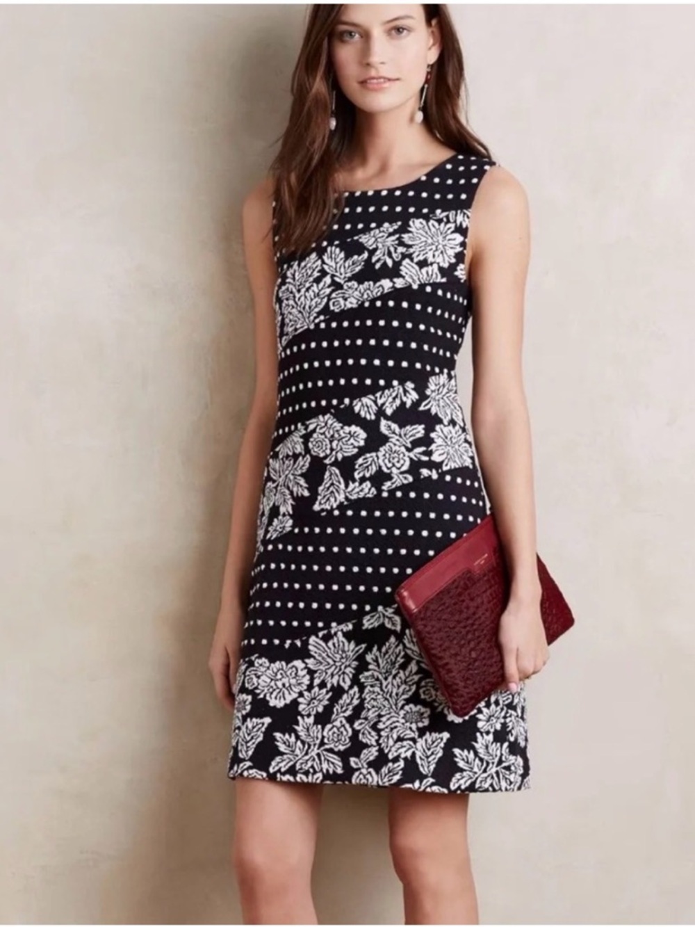 Maeve Anthropologie Black White Floral Polka Dot Sleeveless Mini Dress Small